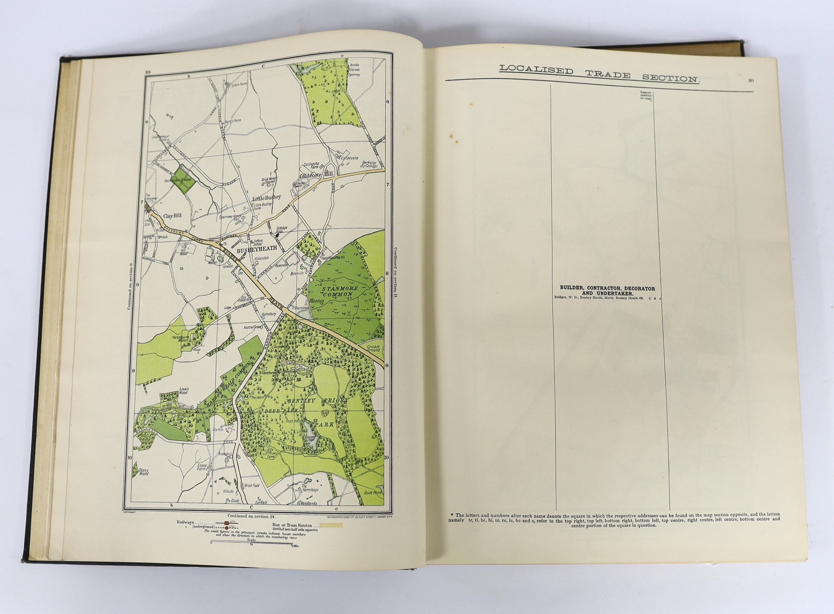 The Authentic Map Directory of London and Suburbs. Ist edition, large scale (4.5 inches to mile), comprising a d-page key, 129pp. of coloured district plans and 11 others, together with a general advertiser and index; pu